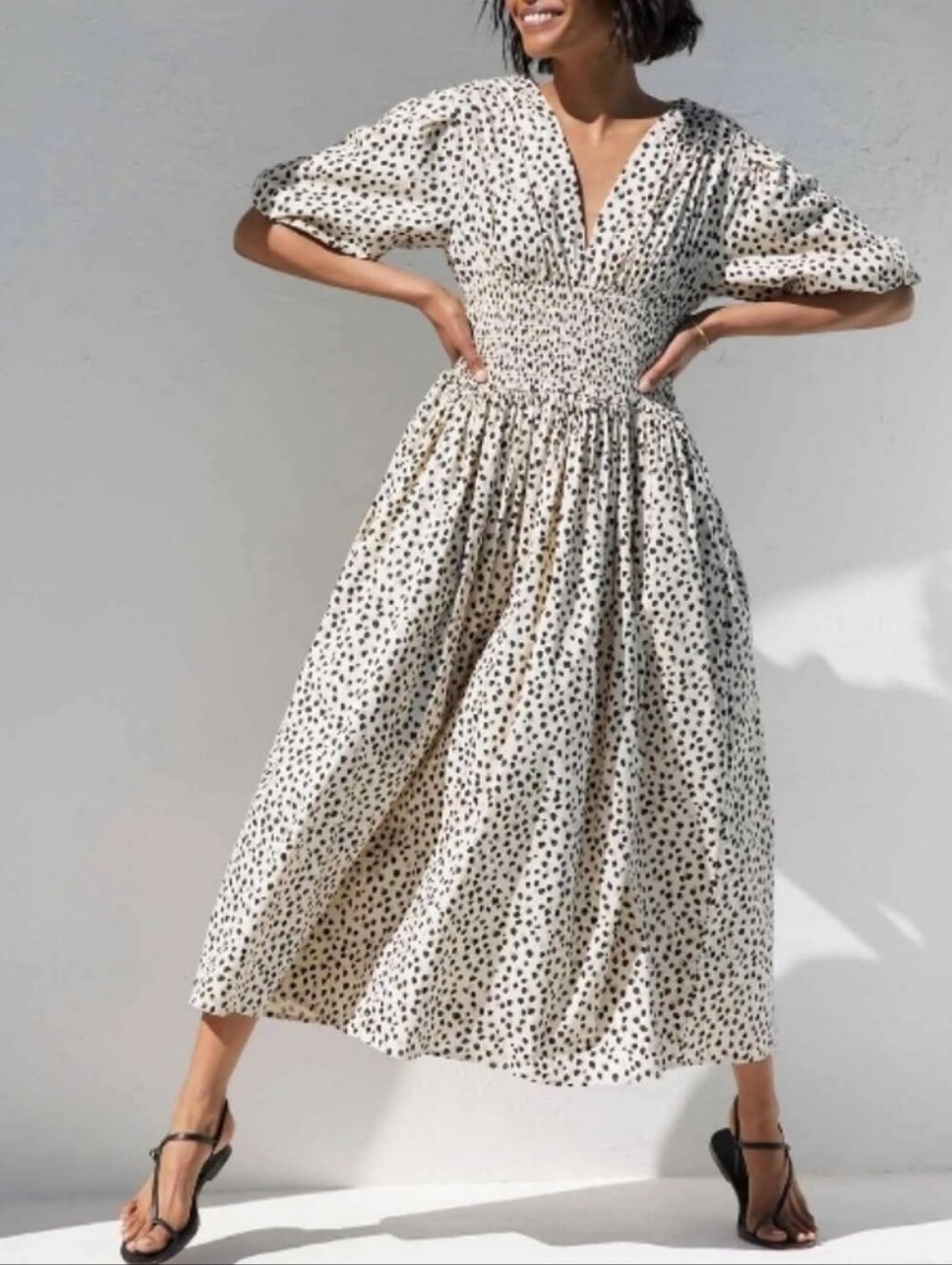 AYR Animal Print Cotton Soft Spot Leopard Smocked Tan Black Midi Dress Medium